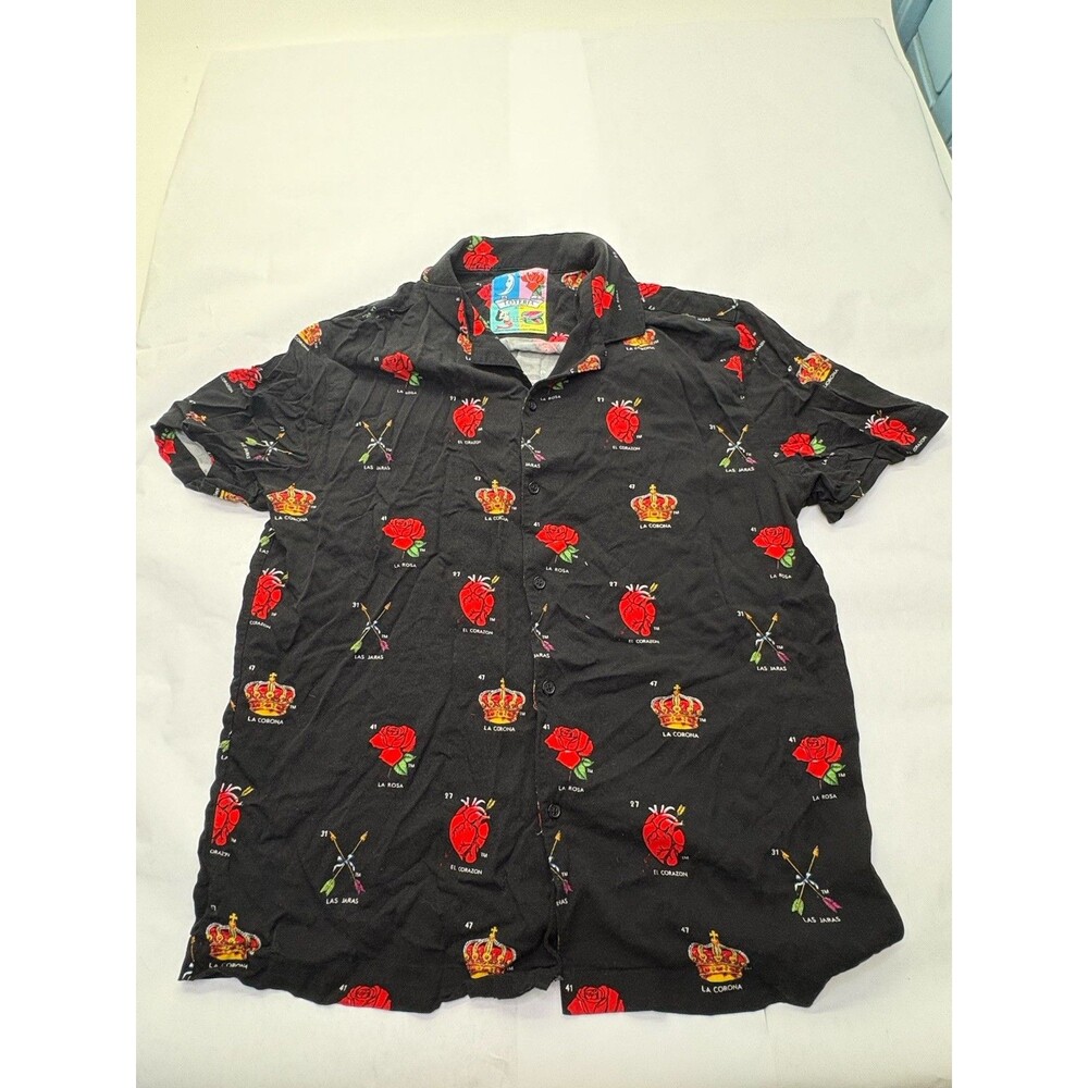 Forever 21 Loteria Shirt Mens M Black Button Up La Rosa El Corazon